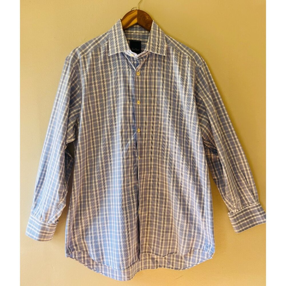 David Donahue Sz 16 32/33  Blue Plaid Check Dress Shirt Cotton Button Down‎
